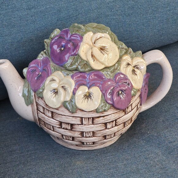 Vintage Flowers In A Basket Teapot; decorative teapot - Picture 3 of 12